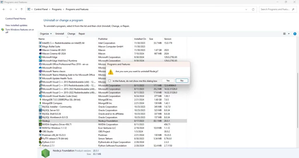 Uninstall Node.js Application